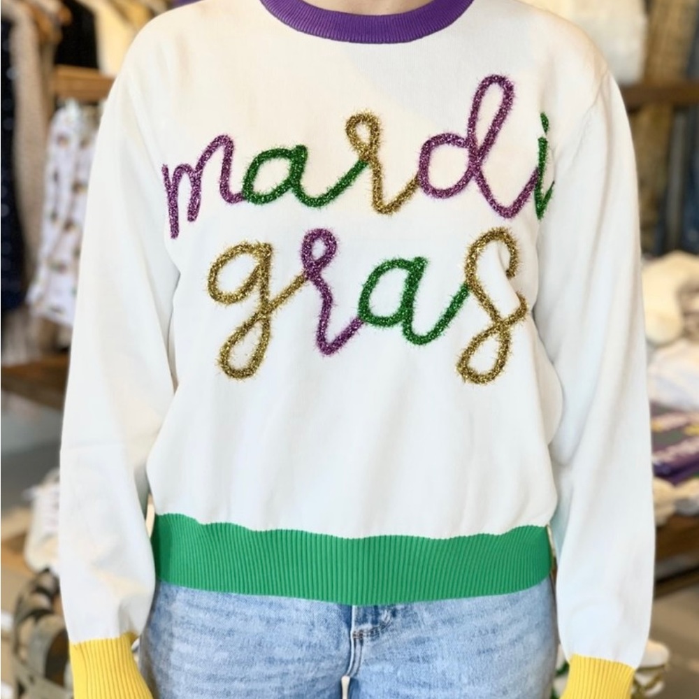 QOS Mardi Gras Script Sweater Size S